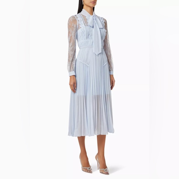 Self-Portrait Blue Pleated Midi Dress with Bishop Sleeves - Picture 3 of 16